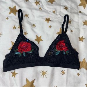 Embroidered Rose Sequin Star Black Lace Bralette S